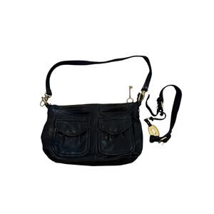 Vintage Fossil Women's Black Leather Foldover Modern Cargo Crossbody Bag
